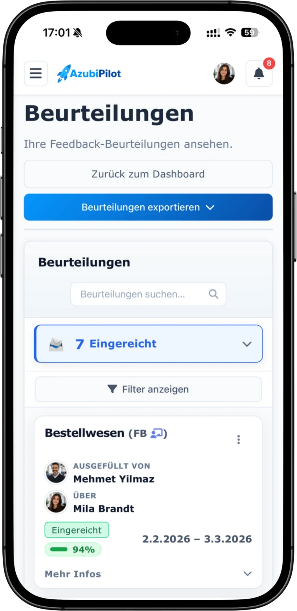 AzubiPilot auf dem Smartphone: eingereichte Beurteilungen eines Azubis