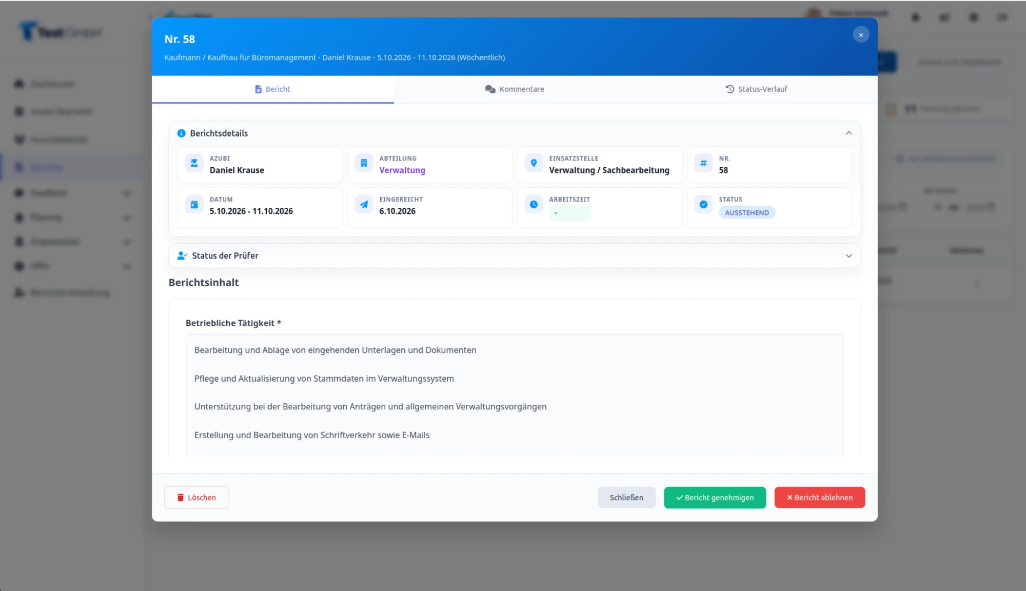 AzubiPilot Berichtsheft, Ansicht Ausbilder: Bericht prüfen mit Berichtsdetails, Status der Prüfer und Buttons zum Genehmigen oder Ablehnen