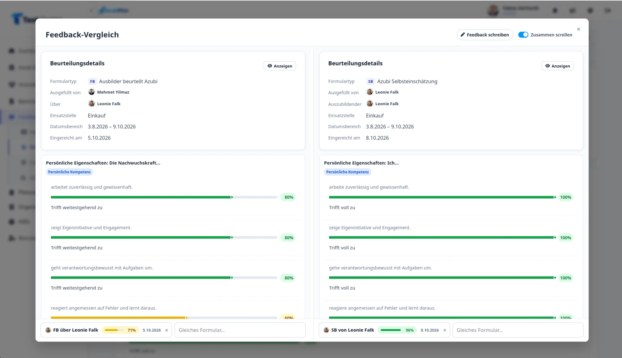 AzubiPilot Beurteilungen: Feedback-Vergleich von Ausbilderbeurteilung und Selbsteinschätzung des Azubis nebeneinander