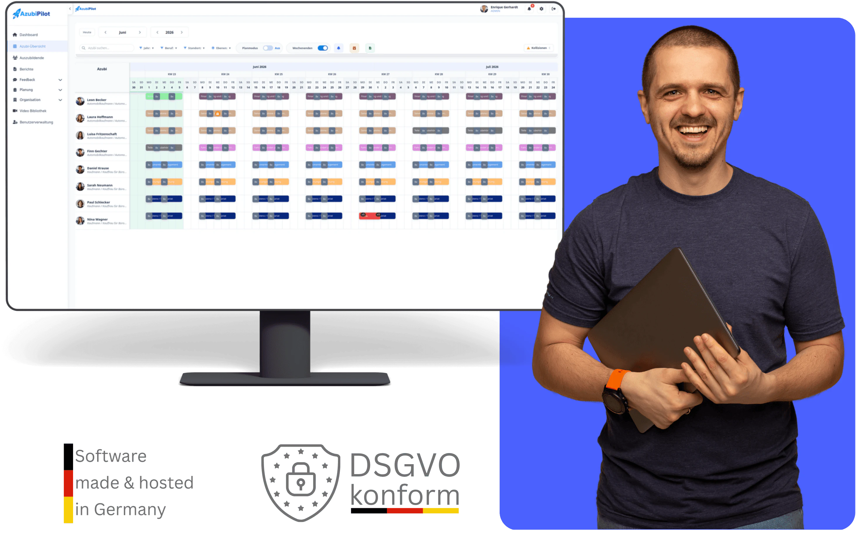 AzubiPilot Einsatzplanung auf einem Monitor, daneben ein Ansprechpartner von AzubiPilot – Software made &amp; hosted in Germany, DSGVO-konform