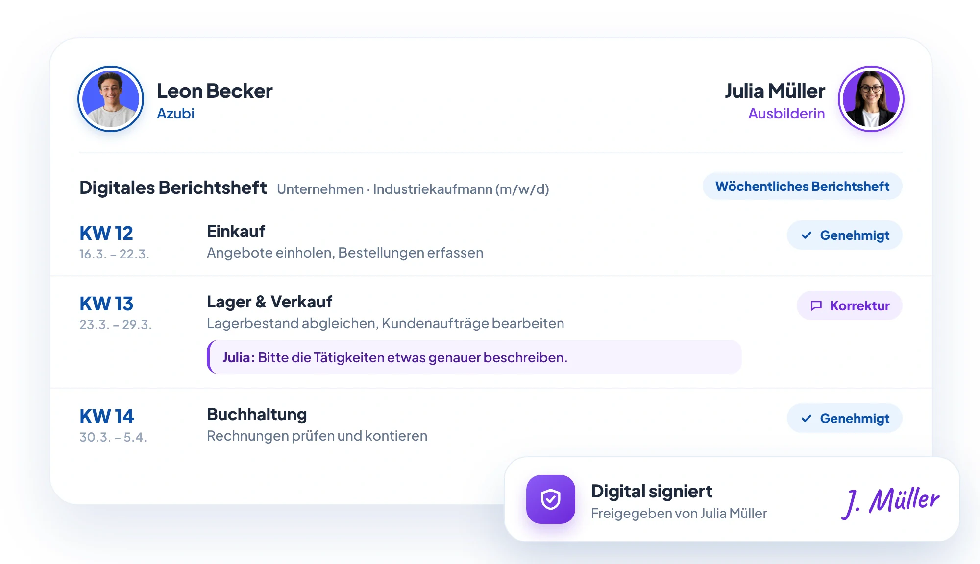 Digitales Berichtsheft in AzubiPilot: Wochenberichte eines Azubis mit Status, Kommentar der Ausbilderin und digitaler Signatur